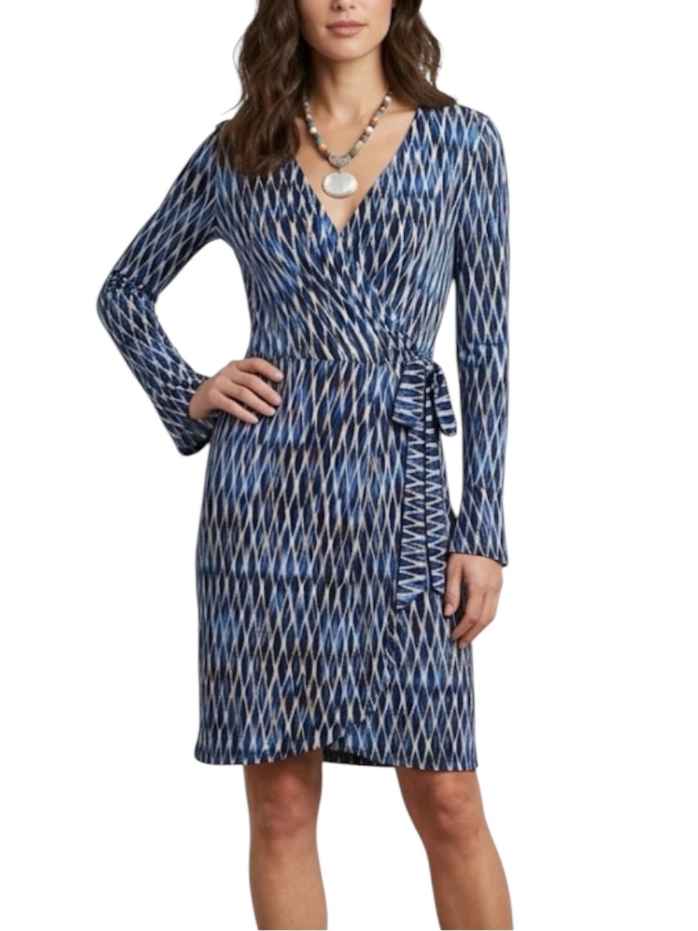 London Times Faux Wrap Dress Geometric Blue Check Size 6 Career Office Party